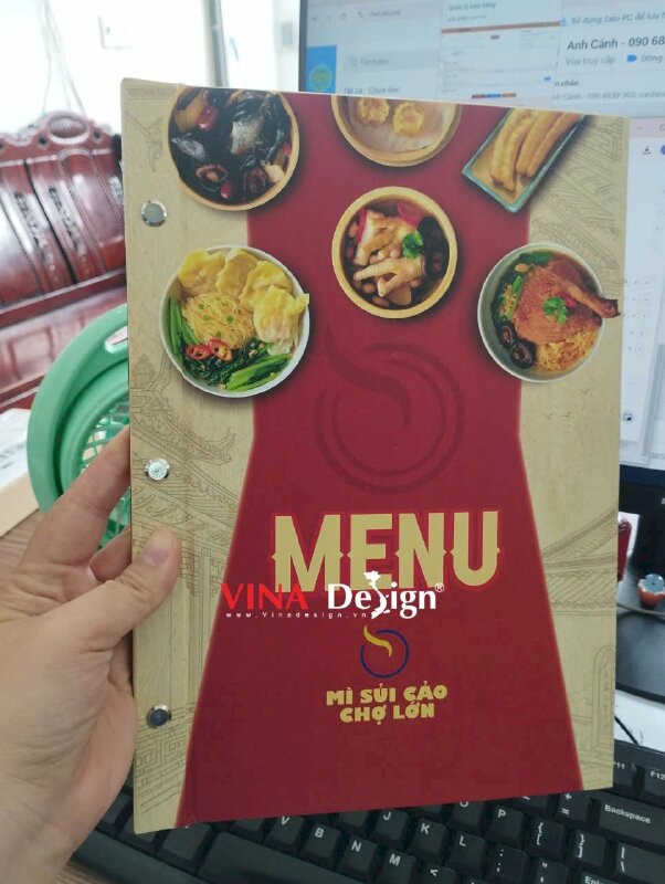 In menu quán Mì sủi cảo Chợ Lớn, khổ A4 menu bìa cứng bồi Carton, ruột giấy B300gsm cán mờ, gáy đóng ghim inox - VND754