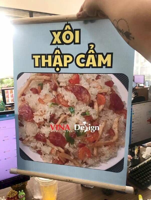 In menu Xôi Thập Cẩm từ bạt hiflex gắn nẹp gỗ 2 đầu treo xe đẩy, quán xôi ăn sáng - VND760