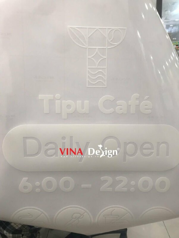 Decal trong in màu trắng dán cửa kính thông tin thời gian hoạt động quán cafe - VND774