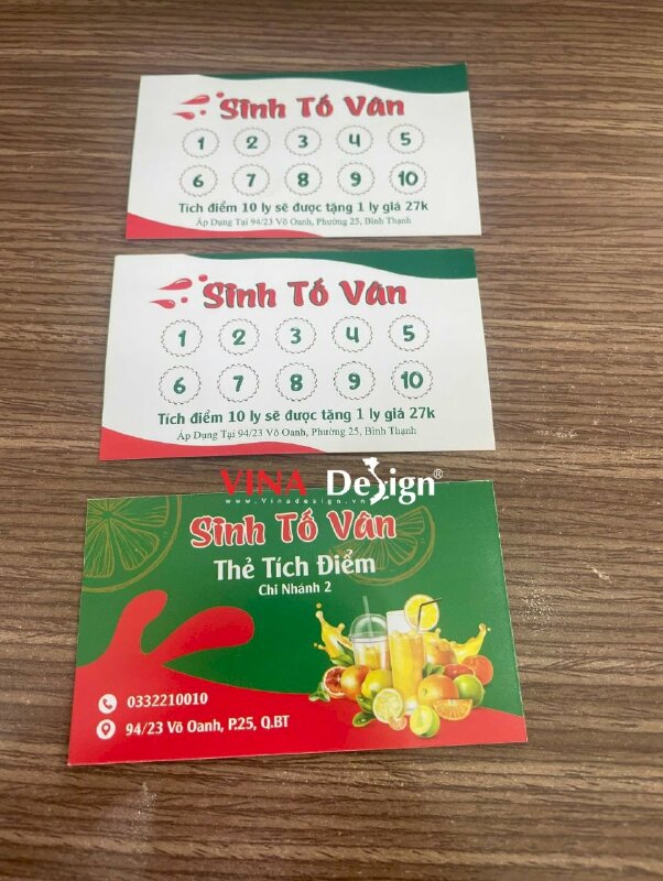 In thẻ tích điểm quán sinh tố in giấy C300gsm, in 2 mặt, không cán màng để check note - VND748