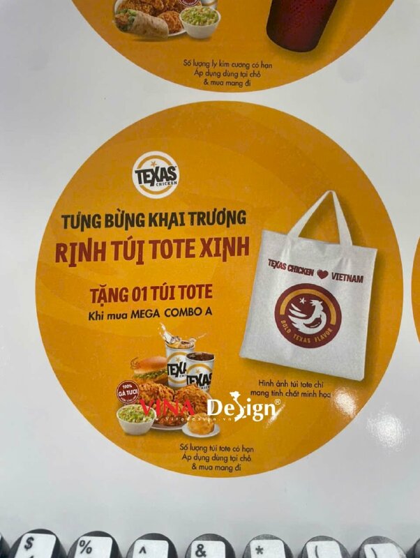 Dangler tờ quảng cáo hình tròn đường kính 14cm in giấy cứng Couche 300gsm, in 2 mặt cán bóng, gắn Wobbler để bàn - VND778