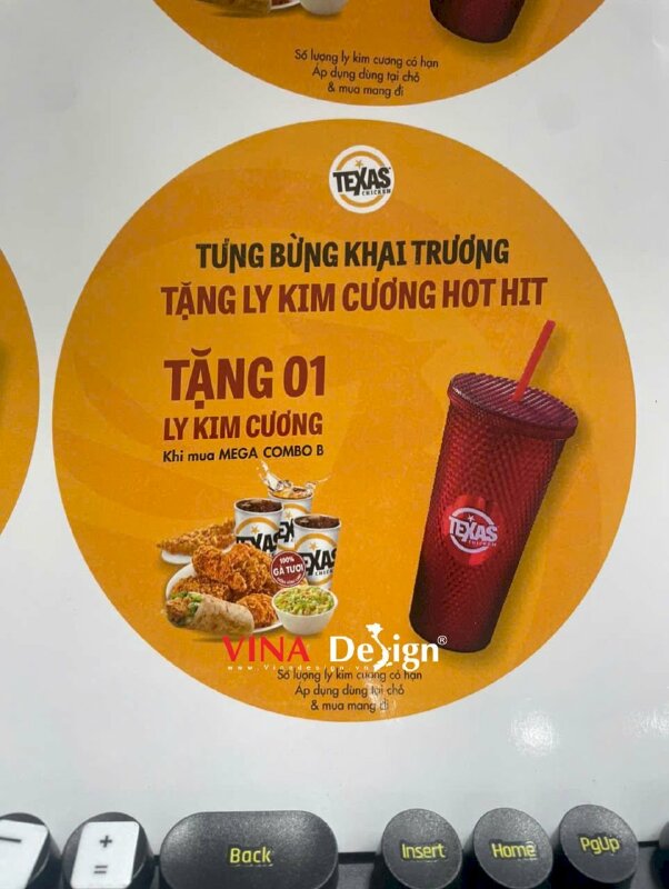 Dangler tờ quảng cáo hình tròn đường kính 14cm in giấy cứng Couche 300gsm, in 2 mặt cán bóng, gắn Wobbler để bàn - VND778