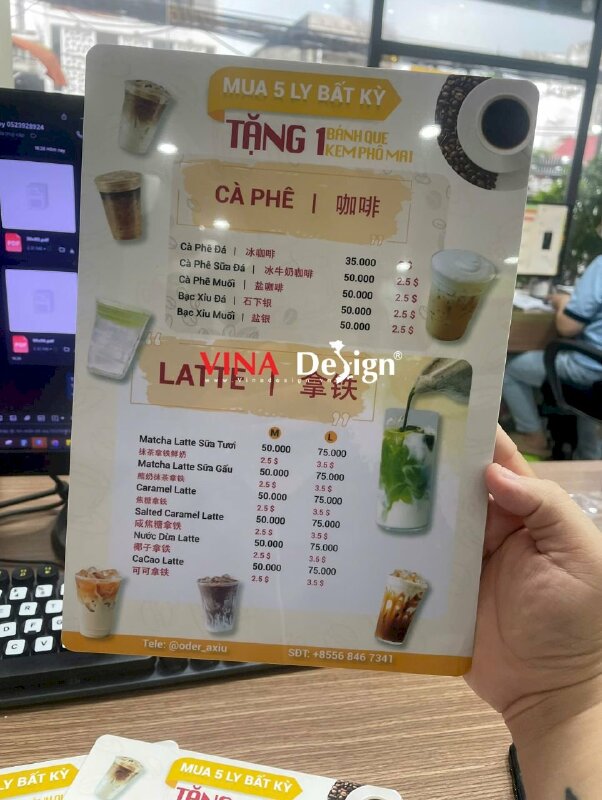 In menu nhựa dày khổ A4 cầm tay song ngữ Việt Trung, hàng gửi đi Cambodia từ TPHCM - VND826