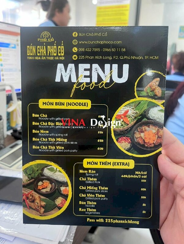 In menu khổ A5 cầm tay quán bún chả Hà Nội, in giấy C300gsm, in 2 mặt cán màng bóng chống nước - VND871