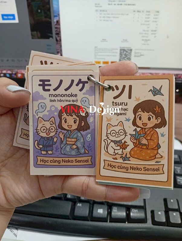 Bộ thẻ học từ vựng Flashcard có móc khóa treo in thẻ nhựa mỏng, cán mờ, đục lỗ tròn - VND932