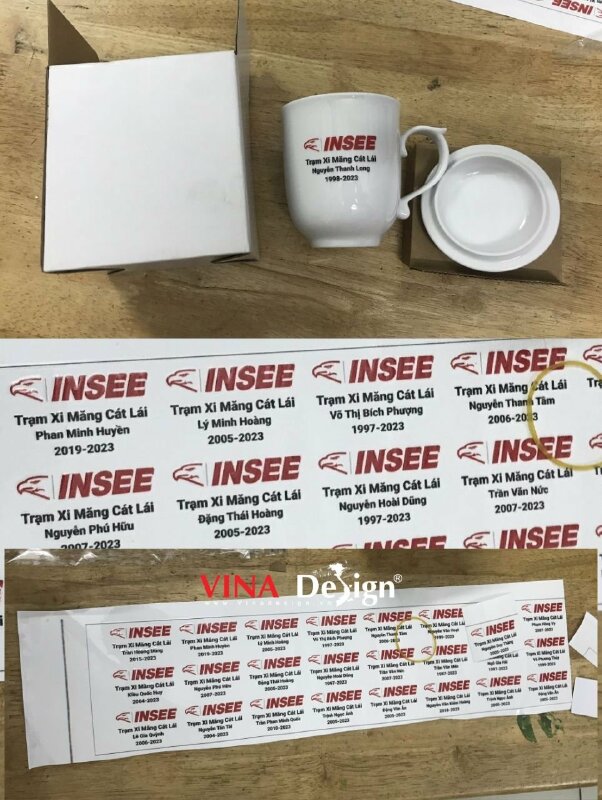 In logo & tên công ty, năm kỷ niệm dạng số UV DTF dán ly sứ có nắp làm quà tặng - VND939