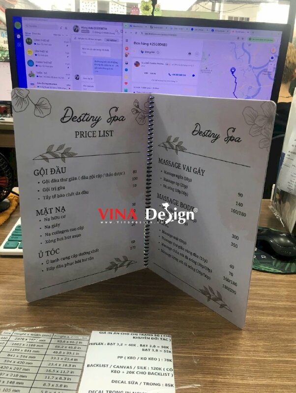 In quyển menu Spa Nail Mi, menu nhựa chống nước, gáy lò xo dễ lật mở từng trang - VND936