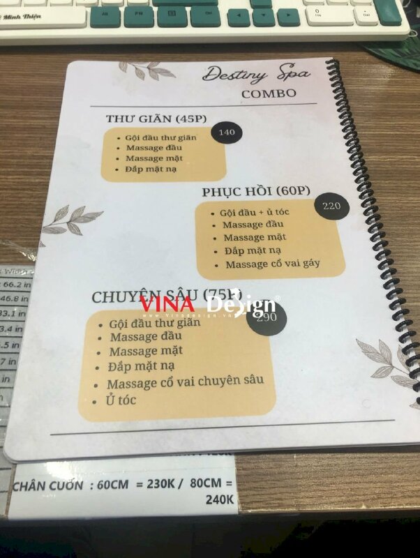 In quyển menu Spa Nail Mi, menu nhựa chống nước, gáy lò xo dễ lật mở từng trang - VND936