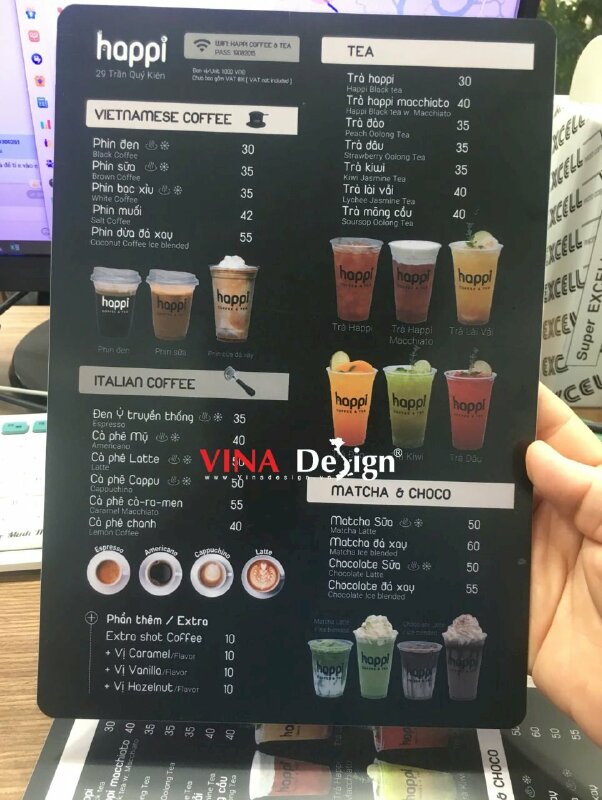 Bảng menu cầm tay quán coffee & tea từ nhựa PVC dày cứng cáp, in 2 mặt, chống thấm - VND952