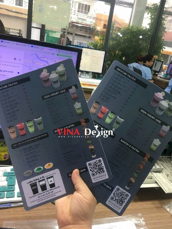 Bảng menu cầm tay quán coffee & tea từ nhựa PVC dày cứng cáp, in 2 mặt, chống thấm - VND952