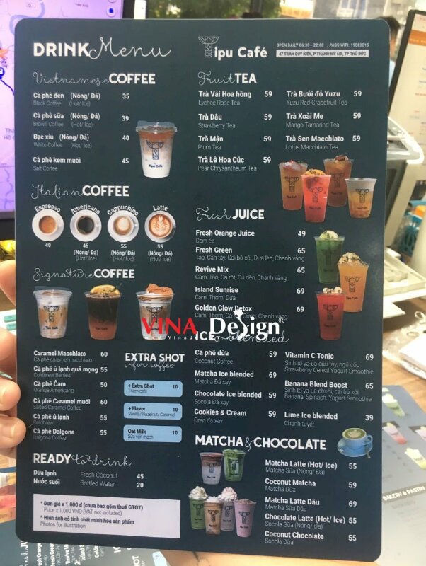 Bảng menu cầm tay quán coffee & tea từ nhựa PVC dày cứng cáp, in 2 mặt, chống thấm - VND952