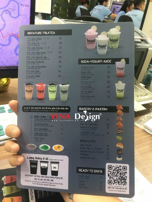Bảng menu cầm tay quán coffee & tea từ nhựa PVC dày cứng cáp, in 2 mặt, chống thấm - VND952