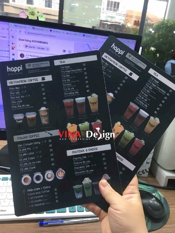 Bảng menu cầm tay quán coffee & tea từ nhựa PVC dày cứng cáp, in 2 mặt, chống thấm - VND952