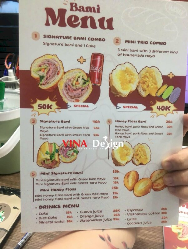 In tấm Menu formex A4 cầm tay song ngữ Việt Anh cho tiệm bánh mì - VND960
