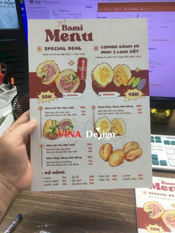 In tấm Menu formex A4 cầm tay song ngữ Việt Anh cho tiệm bánh mì - VND960