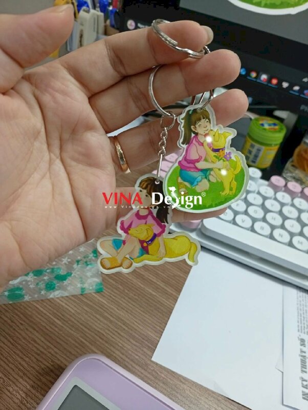 In móc khóa chibi hình cô bé & cún yêu Girl with a Puppy, móc khóa Mica trong - VND970