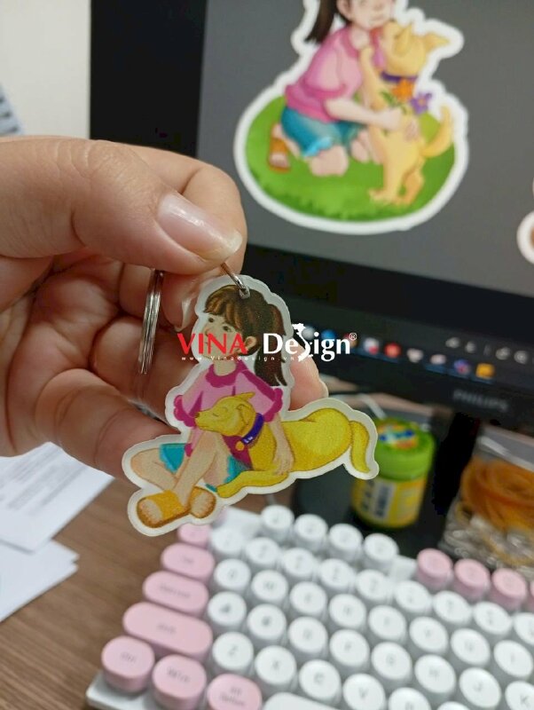 In móc khóa chibi hình cô bé & cún yêu Girl with a Puppy, móc khóa Mica trong - VND970