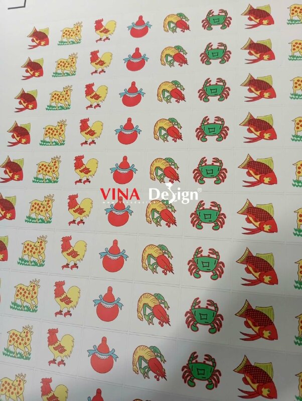 In sticker Bầu Cua Tôm Cá Bầu Gà Nai tem PP đế giấy theo m2, in mực dầu, có bế - VND976