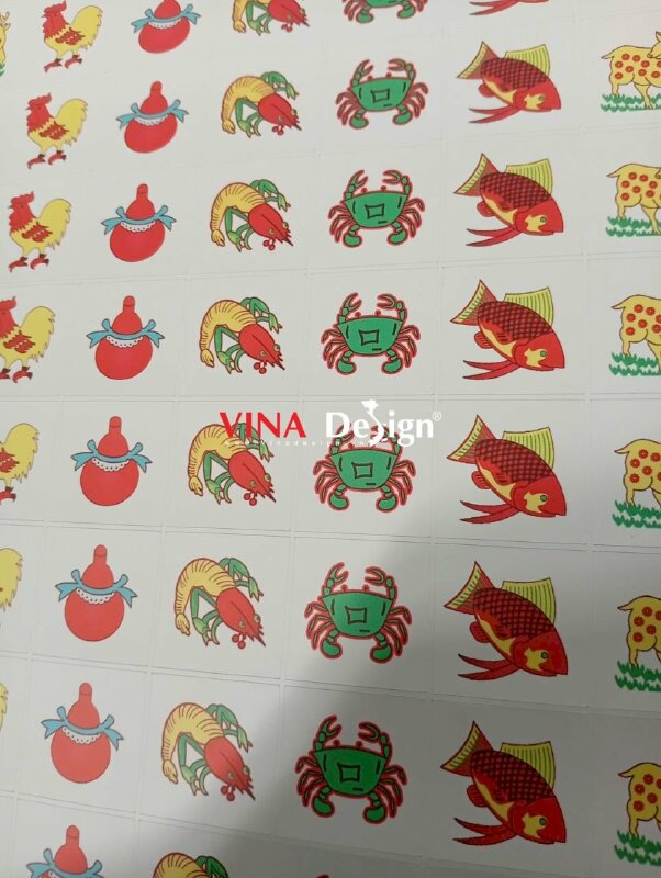 In sticker Bầu Cua Tôm Cá Bầu Gà Nai tem PP đế giấy theo m2, in mực dầu, có bế - VND976