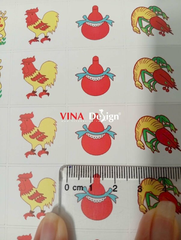 In sticker Bầu Cua Tôm Cá Bầu Gà Nai tem PP đế giấy theo m2, in mực dầu, có bế - VND976