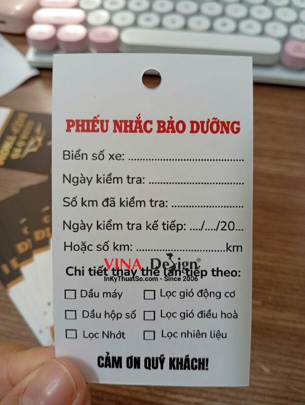 In thẻ nhắc bảo dưỡng ô tô, đục lỗ tròn xỏ dây treo, hàng gửi đi phường Bình Thuận, Tuyên Quang - VND984