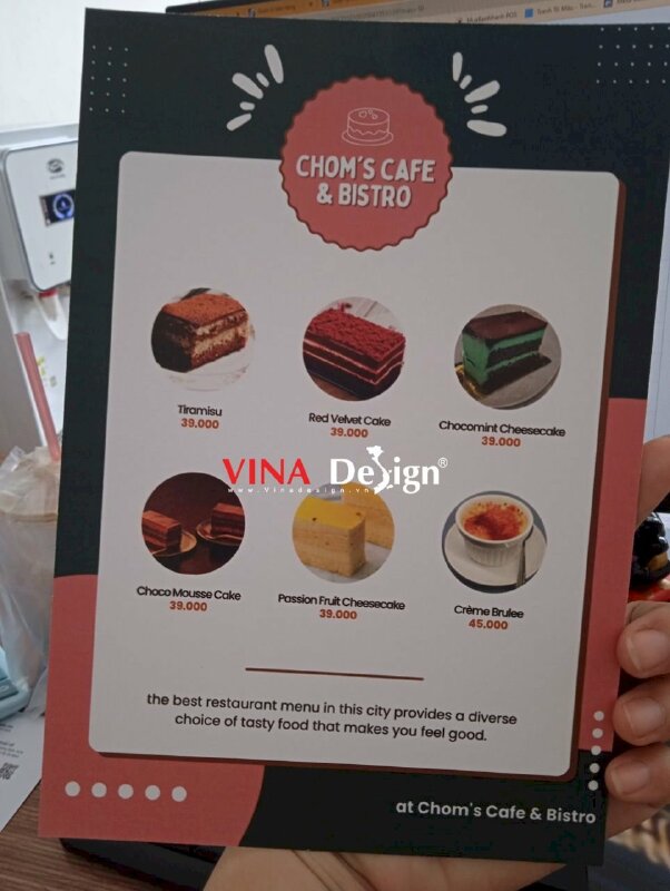 In tờ rơi A5 gắn standee nhựa Mica để bàn quán Cafe & Bistro, in giấy mỹ thuật Econo - VND310