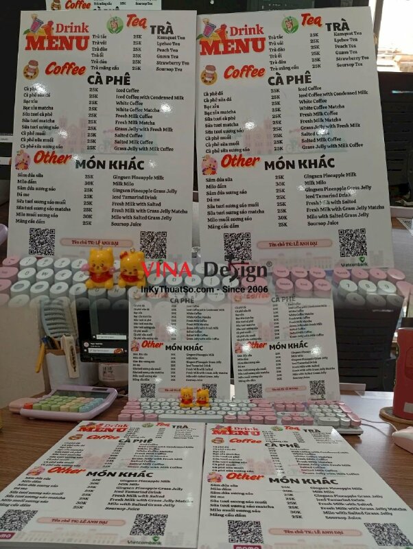 Làm menu quán trà cà phê in PP bồi Formex 5li, cán bóng, 1 mặt nội dung - VND985