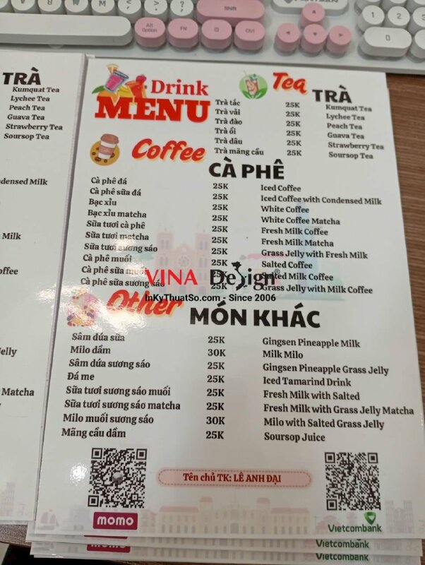 Làm menu quán trà cà phê in PP bồi Formex 5li, cán bóng, 1 mặt nội dung - VND985