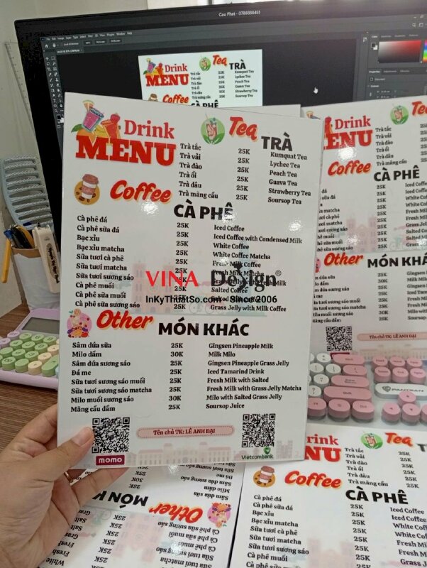 Làm menu quán trà cà phê in PP bồi Formex 5li, cán bóng, 1 mặt nội dung - VND985