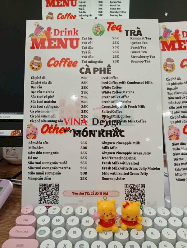 Làm menu quán trà cà phê in PP bồi Formex 5li, cán bóng, 1 mặt nội dung - VND985