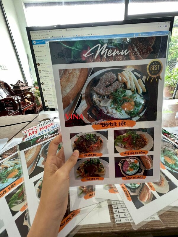 In menu ép nhựa plastic tờ rời cầm tay quán ăn sáng - VND201