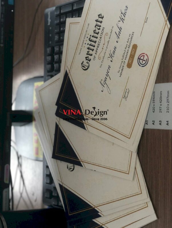In giấy chứng nhận Certificate trung tâm Anh ngữ - VND74