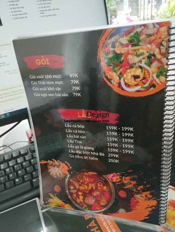 In menu quán nhậu quán bia, menu ép plastic đóng gáy lò xo - VND265