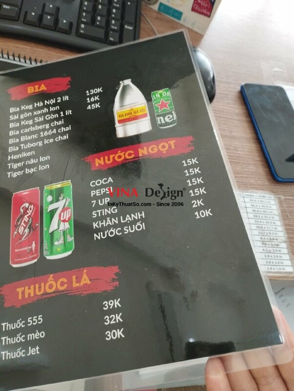 In menu quán nhậu quán bia, menu ép plastic đóng gáy lò xo - VND265