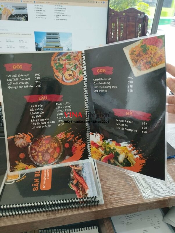 In menu quán nhậu quán bia, menu ép plastic đóng gáy lò xo - VND265
