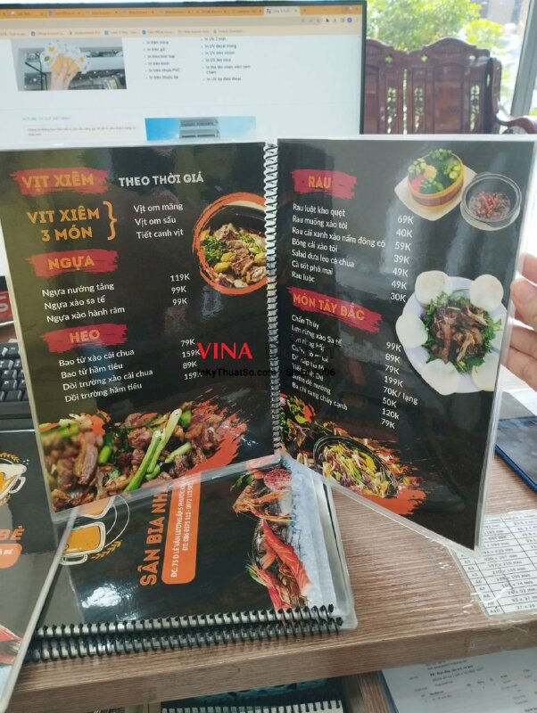 In menu quán nhậu quán bia, menu ép plastic đóng gáy lò xo - VND265
