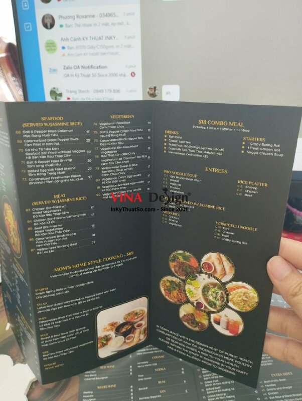 In brochure menu nhà hàng tiếng Anh hàng gửi đi Mỹ - VND211