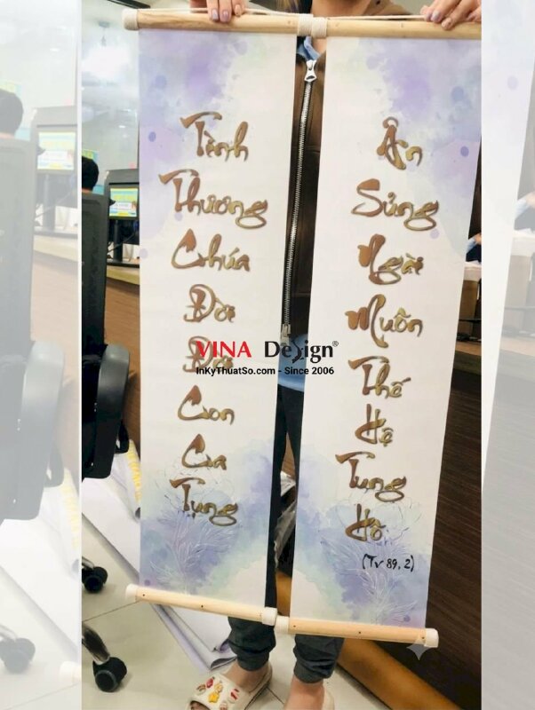 In tranh chữ thư pháp câu Kinh Thánh lời Chúa, tranh Canvas nẹp gỗ 2 đầu bộ câu đối chủ đề Tạ Ơn Thiên Chúa - VND678